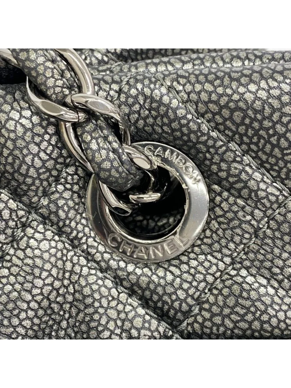 Chanel Chain Tote Quilted Caviar Leather Gray Silver